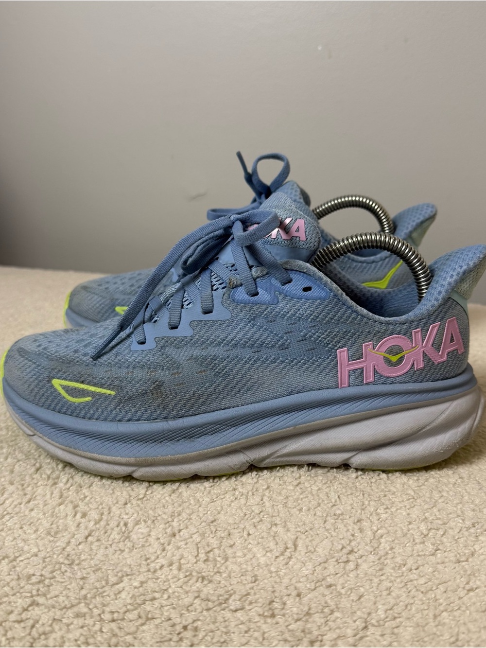 Hoka Clifton Dusk Light Blue Athletic Sneakers with Pink Accents Womens Size 7